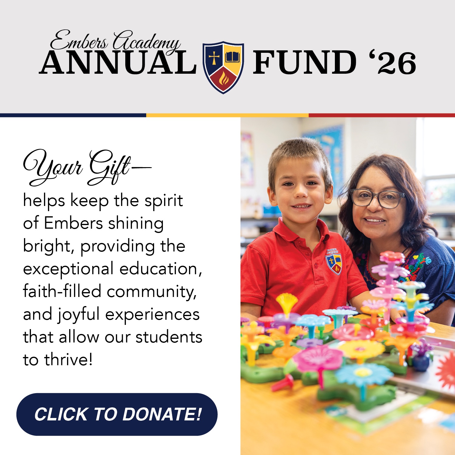 2026 AF Website PopUp | Embers Academy Hero banner for Embers Academy Annual Fund '26: left column with a gift-message, right column shows a smiling boy and a teacher in a classroom with colorful toy gear; 'CLICK TO DONATE!' button visible.